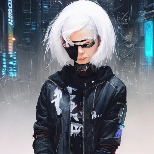 Image similar to very cool girl white hair girl with mask, streetwear, techwear, cyberpunk style outfit, full body, nose piercing, detailed portrait, intricate complexity, by greg rutkowski, artgerm, ross tran, conrad roset, takato yomamoto, ilya kuvshinov. 4 k, beautiful, cinematic dramatic atmosphere