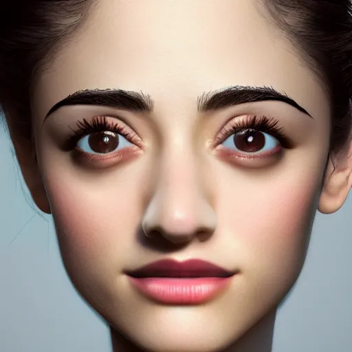 Image similar to big eyebrows Emmy Rossum, realistic, photo studio, HDR, 8k, trending on artstation