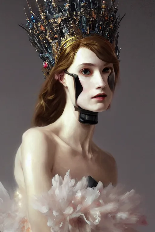 Prompt: laying beautiful painting of a crowned robotic cyberpunk ballerinain a gothic dark flowing tutu intricate, elegant, highly detailed, digital painting, artstation, concept art, by krenz cushart and artem demura and william adolph bouguereau
