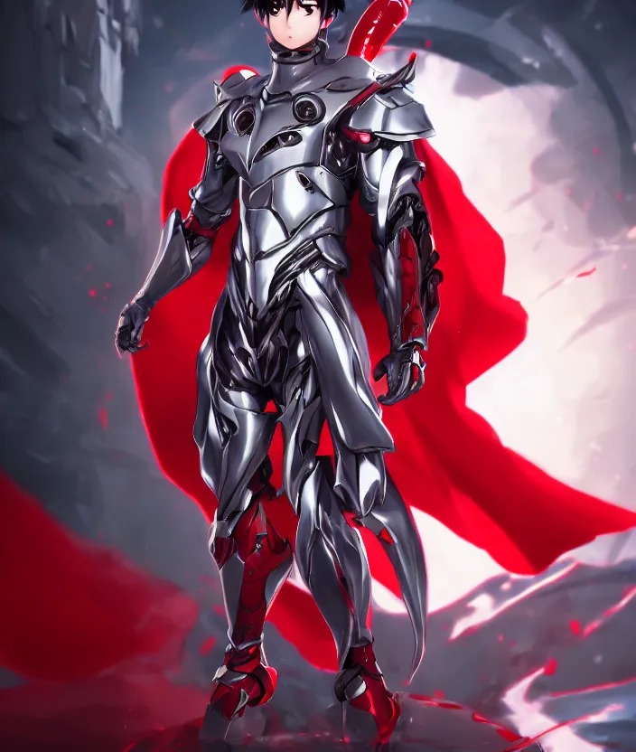 Image similar to a detailed manga character illustration of a dark haired silver cyborg anime man with a red cape, trending on artstation, digital art, 4 k resolution, detailed, octane render, high quality, sharp focus, hq artwork, insane detail, concept art, character concept, character illustration, full body illustration, cinematic, dramatic lighting