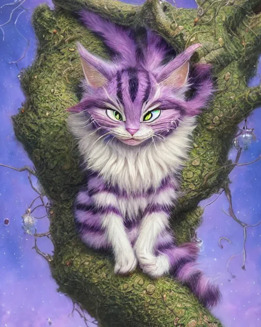 Prompt: an adorable cheshire cat asleep in a tree | highly detailed | very intricate | symmetrical | whimsical and magical | soft cinematic lighting | award - winning | closeup portrait | wonderland | painted by donato giancola and paul lehr and ross tran | pastel color palette | featured on artstation