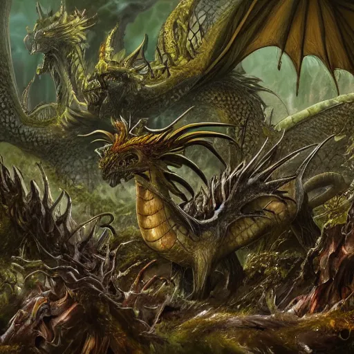 Image similar to A dragons hoard overgrown by nature,