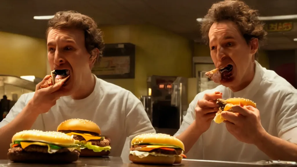 Prompt: the strange creature eats a cheeseburger, at the fast food restaurant, film still, directed by david cronenberg studio lighting, extremely professional