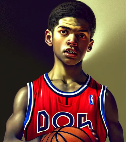 Prompt: portrait of a boy at a basketball court playing basketball wearing a basketball jersey in a basketball court standing near the basketball hoop, intense emotion, detailed facial expression, detailed surroundings, intricate, elegant, highly detailed, centered, digital painting, artstation, concept art, smooth, sharp focus, illustration, by (Johannes Vermeer), WLOP