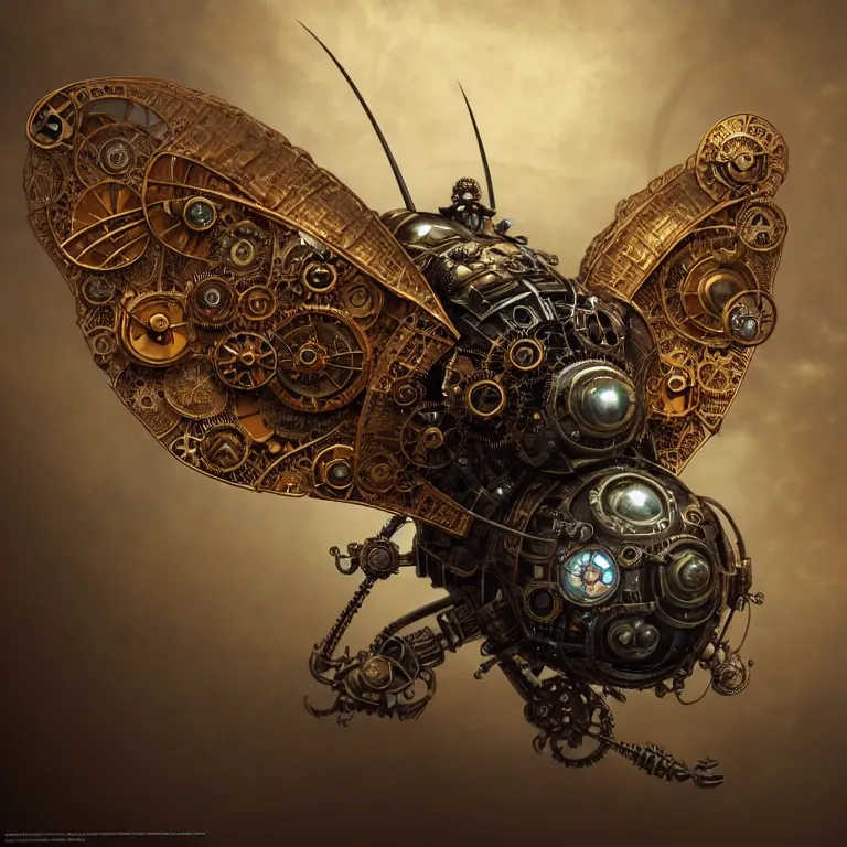 Prompt: steampunk robot butterfly, unreal engine realistic render, 8 k, micro detail, intricate, elegant, highly detailed, centered, digital painting, artstation, smooth, sharp focus, illustration, artgerm, tomasz alen kopera, peter mohrbacher, donato giancola, joseph christian leyendecker, wlop, boris vallejo