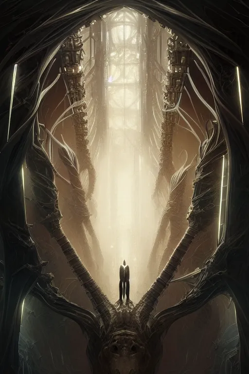 Image similar to professional concept art symmetrical portrait of a terrifying! mechanical predatory fractal! species in a dark room by artgerm and greg rutkowski. an intricate, elegant, highly detailed digital painting, concept art, smooth, sharp focus, illustration, in the style of cam sykes.