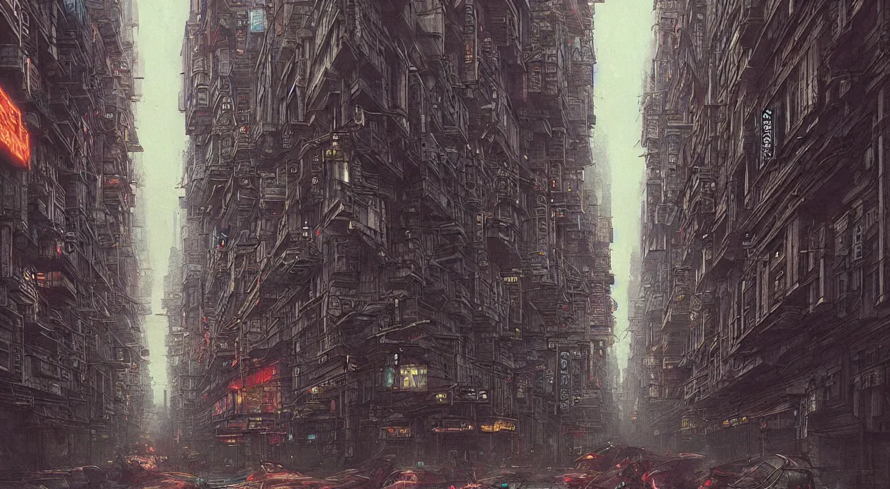 Image similar to cyberpunk city streets with renaissance architecture, cinematic night neon lighting, hyper detailed, hyper realistic, in the style of beksinski