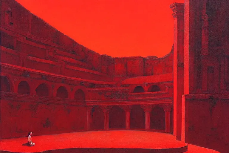 Image similar to only with red, a red great emperor, taormina amphitheatre, expressive crowd hails him, in the style of beksinski, parts by edward hopper, parts by rodcenko, parts by yue minjun, intricate and epic composition, red by caravaggio, insanely quality, highly detailed, masterpiece, red light, artstation, 4 k