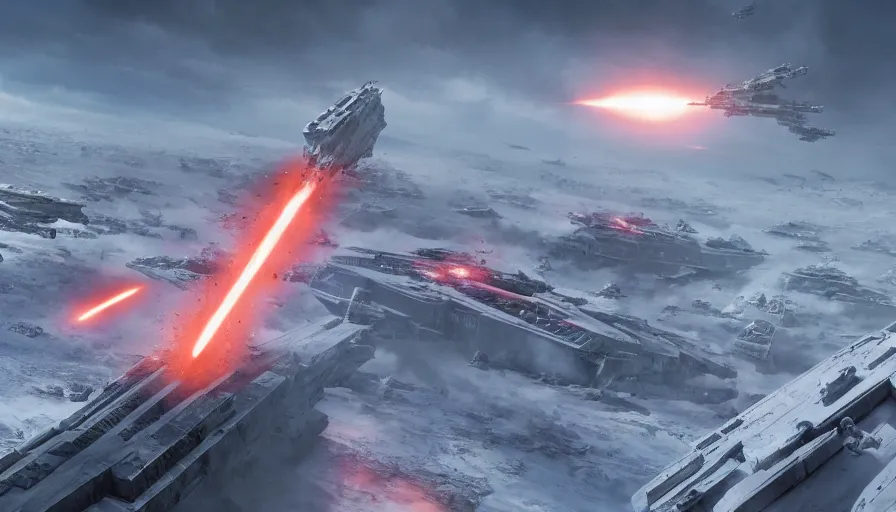 Prompt: Star Destroyer crashing on Hoth during a huge battle between the Resistance and the Galactic Empire, hyperdetailed, artstation, cgsociety, 8k