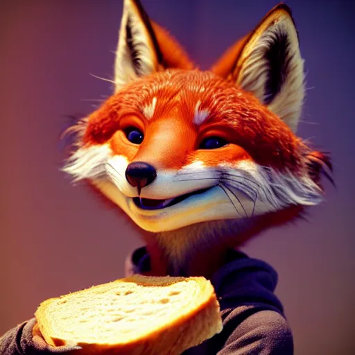 Image similar to weta disney pixar movie still macro close photo of smiling anthropomorphic fox holding on nose a bread with face : : by weta, greg rutkowski, wlop, ilya kuvshinov, rossdraws, artgerm, octane render, iridescent, bright morning, anime, liosh, mucha : :