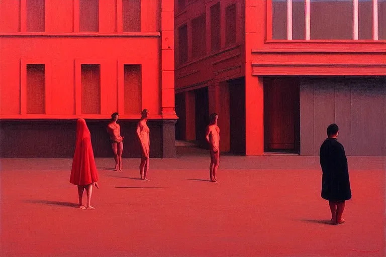 Image similar to only with red, crowd delirious at the sight of a painting, in a city square, in the style of beksinski, parts by edward hopper, parts by rodcenko, parts by yue minjun, intricate and epic composition, red by caravaggio, insanely quality, highly detailed, masterpiece, red light, artstation, 4 k