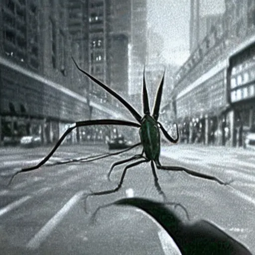 Image similar to “ still image taken from sci fi horror movie of a giant praying mantis attacking a city. low camera angle. 1 9 6 0 ”