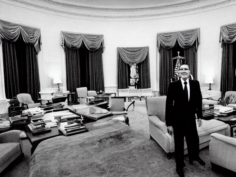 Image similar to photo of richard nixon t posing in the oval office, kodachrome, wide angle