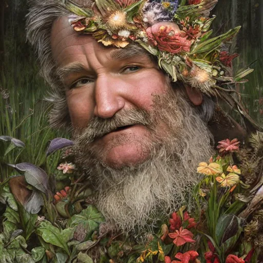 Image similar to an ultradetailed portrait of robin williams dressed as a druid, casting nature magic, old growth forest, d & d, fantasy, intricate, elegant, highly detailed, digital painting, matte, sharp focus, illustration, god rays, art by john collier and albert aublet and krenz cushart and artem demura and alphonse mucha