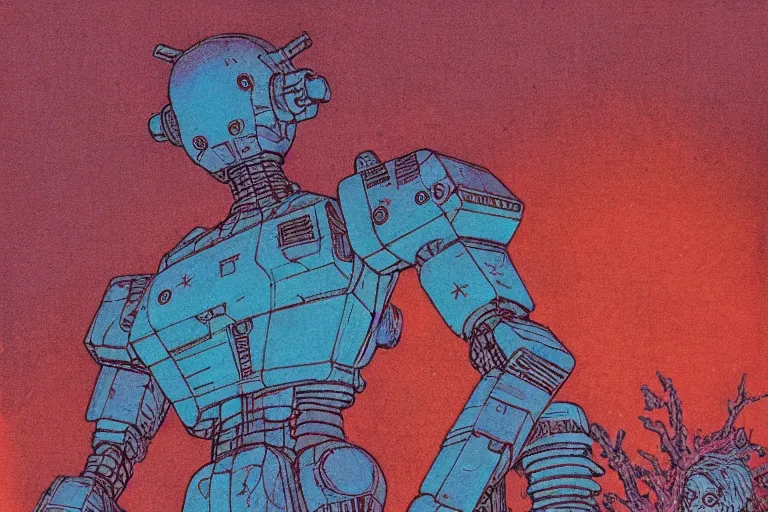 Image similar to risograph grainy drawing vintage sci - fi, satoshi kon color palette, gigantic gundam full - body covered in dead coral reef, 1 9 8 0, kodachrome, natural colors, comicbook spreadsheet, codex seraphinianus painting by moebius and satoshi kon and dirk dzimirsky close - up portrait