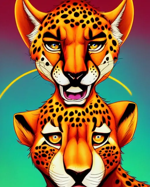 Image similar to don bluth, loish, artgerm, joshua middleton, anthropomorphic cheetah, wearing a track suit, smiling, symmetrical eyes symmetrical face, colorful animation forest background