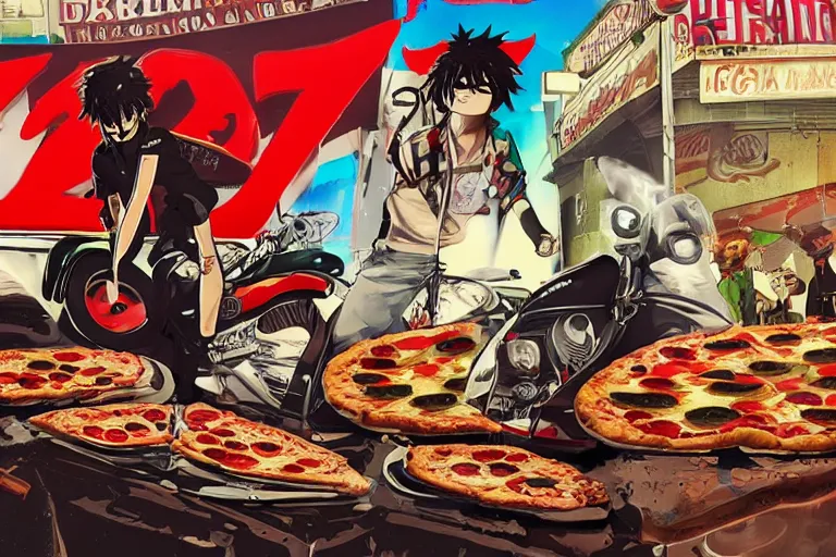 Image similar to pizza restaurant, akira's motorcycle, gorillaz, poster, 8k