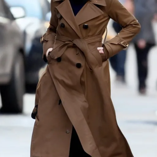 Prompt: movie still of evan rachel wood with dark brown long hair with bangs wearing a trench coat walking in new york city