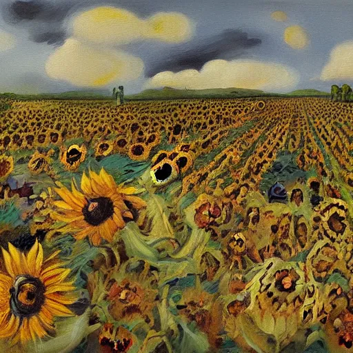 Prompt: a stunning painting of many dead russian soldiers lying amid a field of sunflowers as painted by francis bacon