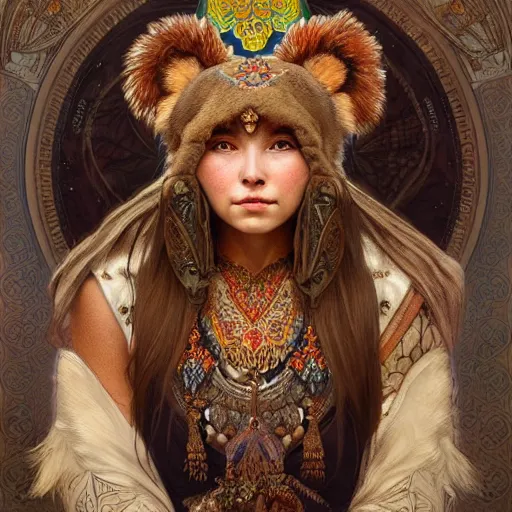 Image similar to a portrait of a female bear hybrid, upper half portrait, decorated with russian motifs, russian shaman, siberia, traditional russia, intricate, elegant, highly detailed, symmetry, headpiece, digital painting, artstation concept art smooth sharp focus, illustration, art by artgerm and greg rutkowski alphonse mucha 8 k