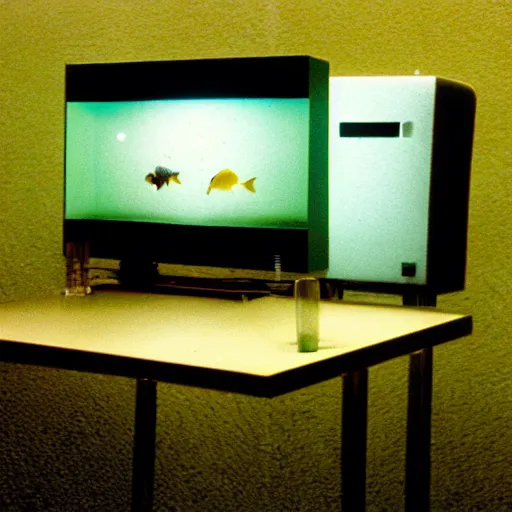 Prompt: an abandoned liminal lonely empty aquarium, old retro museum exhibition, 1 9 8 0 s computers, computer monitors, illuminated displays of computer screen savers, crystal refraction of light, stanchions, photo taken on fujifilm superia film, aquatic devices