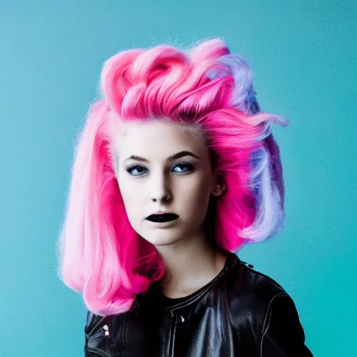 Image similar to a dramatic photo of a beautiful young woman with cotton candy hair. with a little bit of cyan and pink