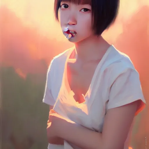 Image similar to oil painting by ilya kuvshinov,, baugh casey, rhads, coby whitmore, of a youthful japanese beauty, long hair, popsicle in mouth, outdoors, highly detailed, breathtaking face, studio photography, dawn, intense subsurface scattering, blush, supple look, innocence, intense sunlight