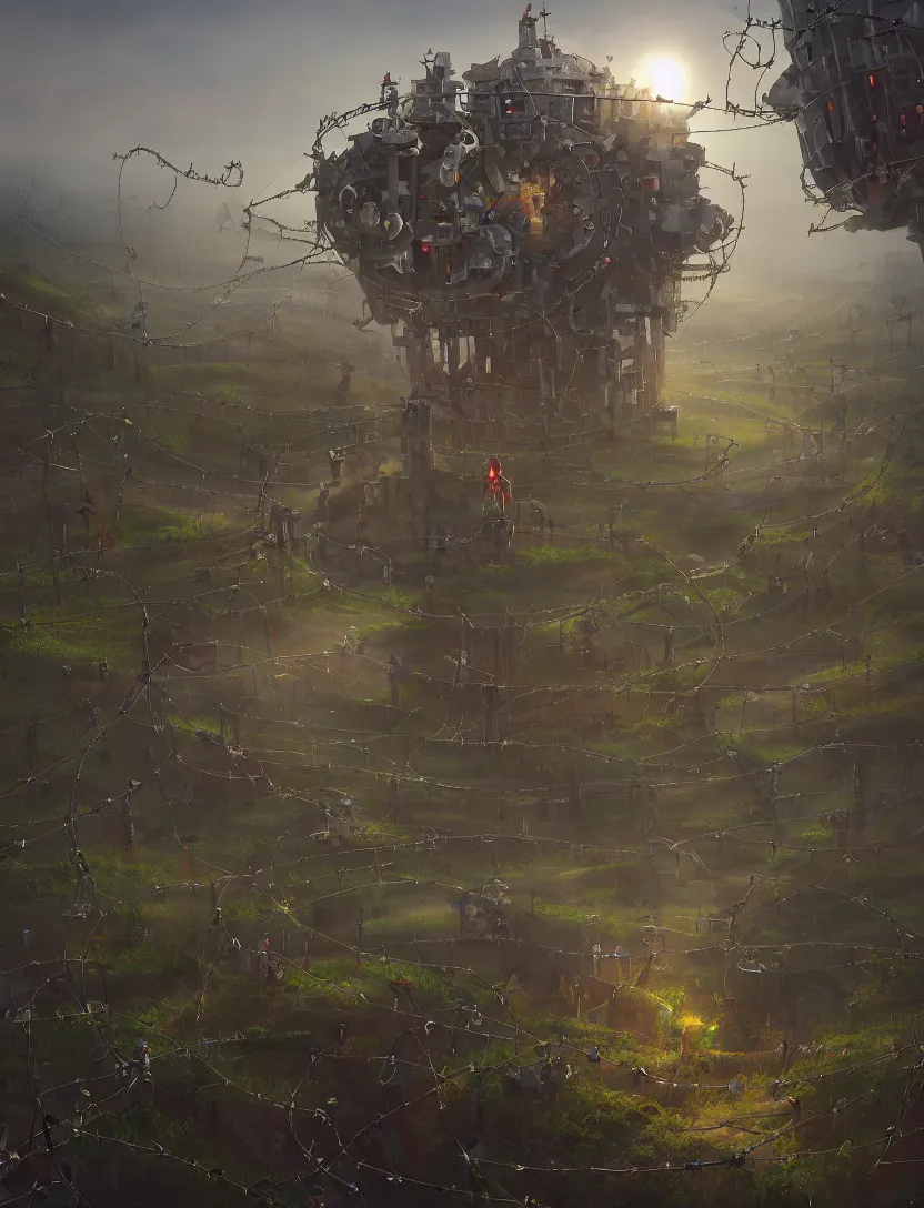 Image similar to a walking mechanical castle with legs, vines, pilar, hyperrealistic, highly detailed, cinematic, single ray of sun, fog, beautiful, cgssociety, artstation, 8 k, oil painting