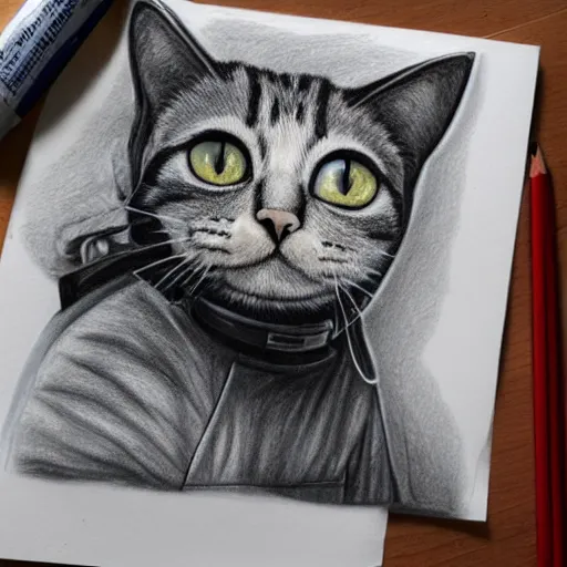 Prompt: a cat wearing a spacesuit, photorealistic pencil art