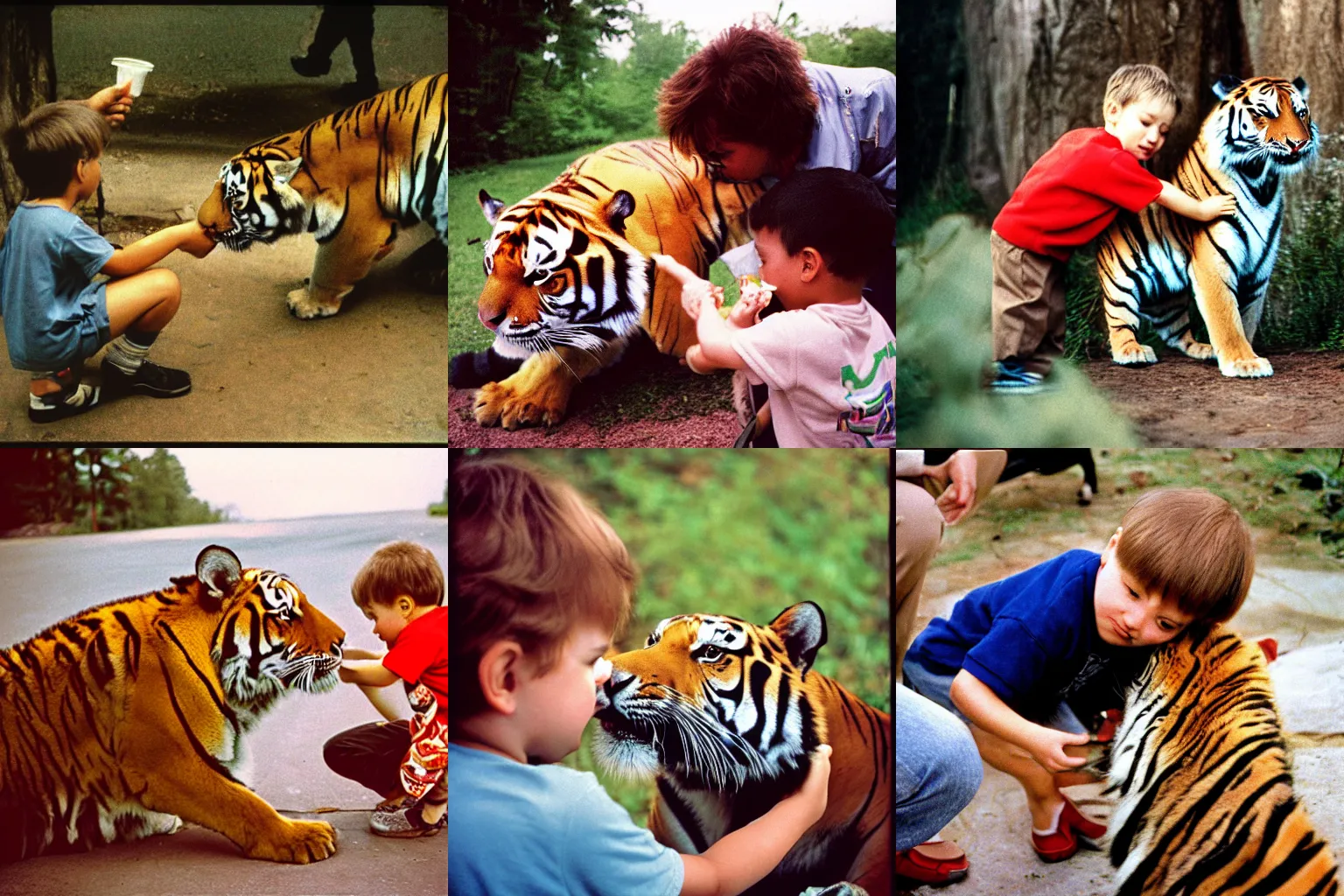 Prompt: my son feeding a Siberian tiger in 1989, Kodak Portra