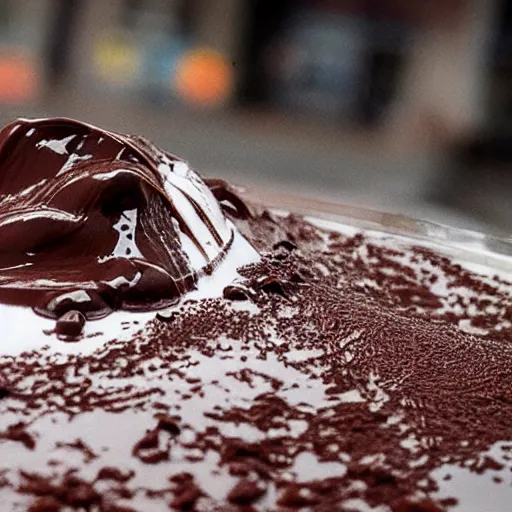 Prompt: tsunami of liquid chocolate on new york, post apocalyptic, cinematic