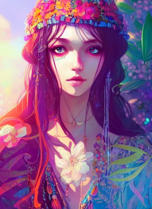 Image similar to “a beautiful bohemian girl, intricate, highly detailed, digital painting, Pixiv, Artstation, official media, anime key visual, concept art, rich vivid colors, ambient lighting, sharp focus, illustration, art by WLOP”