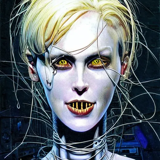 Prompt: a beautiful cybernetic woman with wires for hair, glowing eyes, razor sharp teeth, horror, natural lighting, style of bernie wrightson, style of richard estes, masterpiece, epic. hyper realism, fauvism