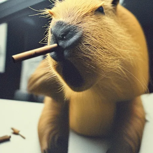 Image similar to an accurate capybara wearing a business suit and smoking a cigar in his mouth