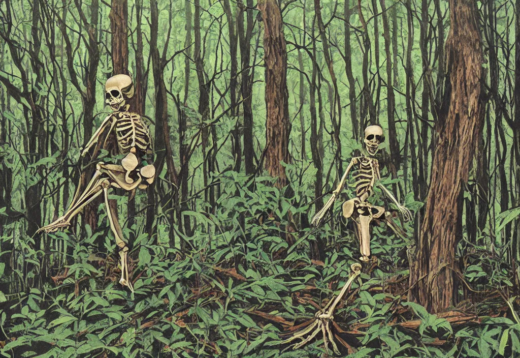 Prompt: skeleton protruding from the earth in a dense forrest, painting by teddy ruth, kimberly asstyn, and josh grover.