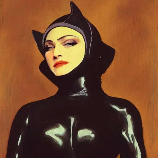 Image similar to Painting of Madonna as Catwoman from Batman Returns. Art by william adolphe bouguereau. During golden hour. Extremely detailed. Beautiful. 4K. Award winning.