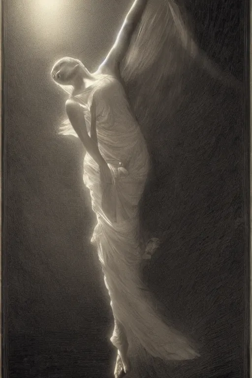 Image similar to dancer in the wind by gustave dore and greg rutkowski, light cone, reimagined by industrial light and magic