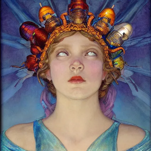 Prompt: child of the city of ice, by Annie Swynnerton and Diego Rivera and Tino Rodriguez and Maxfield Parrish, elaborate headdress, iridescent beetles, rich color, dramatic cinematic lighting, extremely detailed