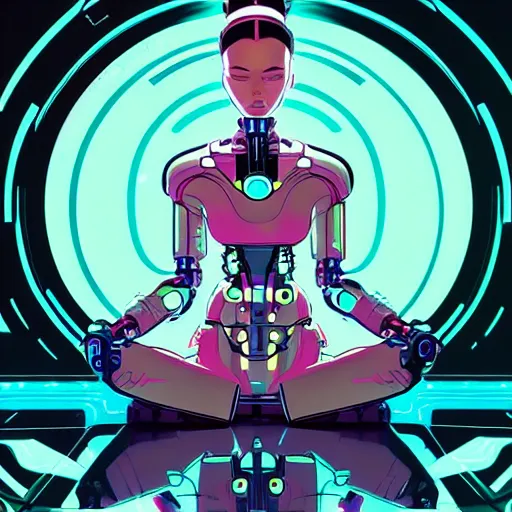 Image similar to a portrait of a beautiful cybernetic woman meditating, cyberpunk concept art by josan gonzales and jean claude meziere and syd mead