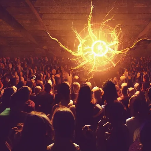 Prompt: A dark matter god spelling spells on a crowd of people beneath him