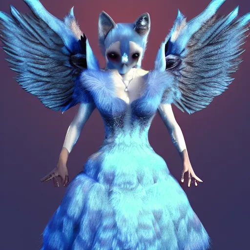 Image similar to 3 d render, well toned, large, female anthropomorphic wolf with wings, blue fur and scales with white spots and wings on her back, icey blue dress, furr covering her chest.