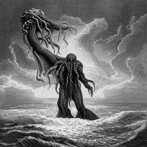 Image similar to cthulhu rising out of the water in front of a small town, night, soaring waves, clouds, illustration by Gustave Doré