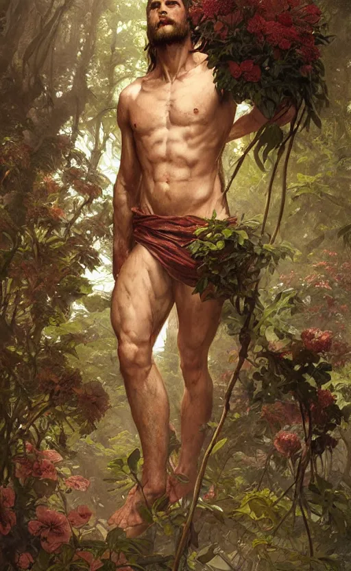 Image similar to god of the forest, 3 0 years old, rugged, handsome, male, detailed face, clean lines, atmospheric lighting, amazing, full body, thighs, flowers, muscular, intricate, highly detailed, digital painting, deviantart, concept art, sharp focus, illustration, art by greg rutkowski and alphonse mucha