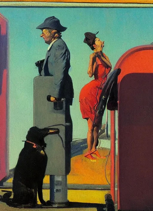 Image similar to two figures and a black dog at gas station with portable oxygen tank in the style of Francis Bacon and Zdzislaw Beksinski, Edward Hopper and Norman Rockwell, highly detailed, very coherent, triadic color scheme