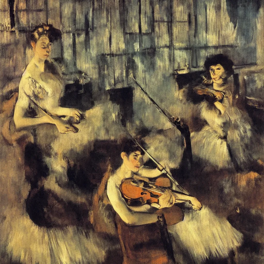 Prompt: impressionistic painting of a woman playing a violin in a dark bedroom as city lights stream through the window, painting style by salvador dali and degas and manet