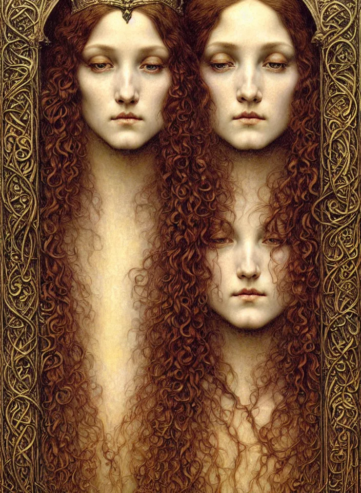 Prompt: detailed realistic beautiful young medieval queen face portrait by jean delville, gustave dore and marco mazzoni, art nouveau, symbolist, visionary, gothic, pre - raphaelite. horizontal symmetry