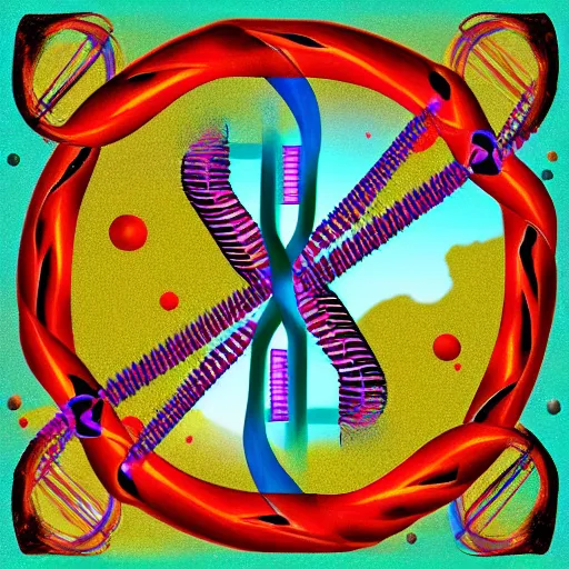 Image similar to in a field, two scientists in lab coats encounter a monster shaped like the DNA double helix, digital art