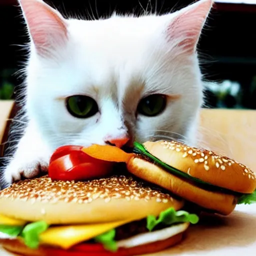 Prompt: realistic photo of a cute cat eating a burger