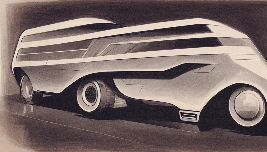 Prompt: 1955 concept drawing my Syd Mead of a futuristic van, full color catalog print