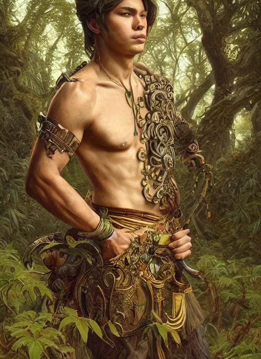 Prompt: intricate detailed portrait painting of a male warrior on a beautiful forest meadow, temple ruins surrounded by lush forest, afternoon, intricate, elegant, highly detailed, digital painting, sharp, focus, illustration art by artgerm and greg rutkowski and alphonse mucha